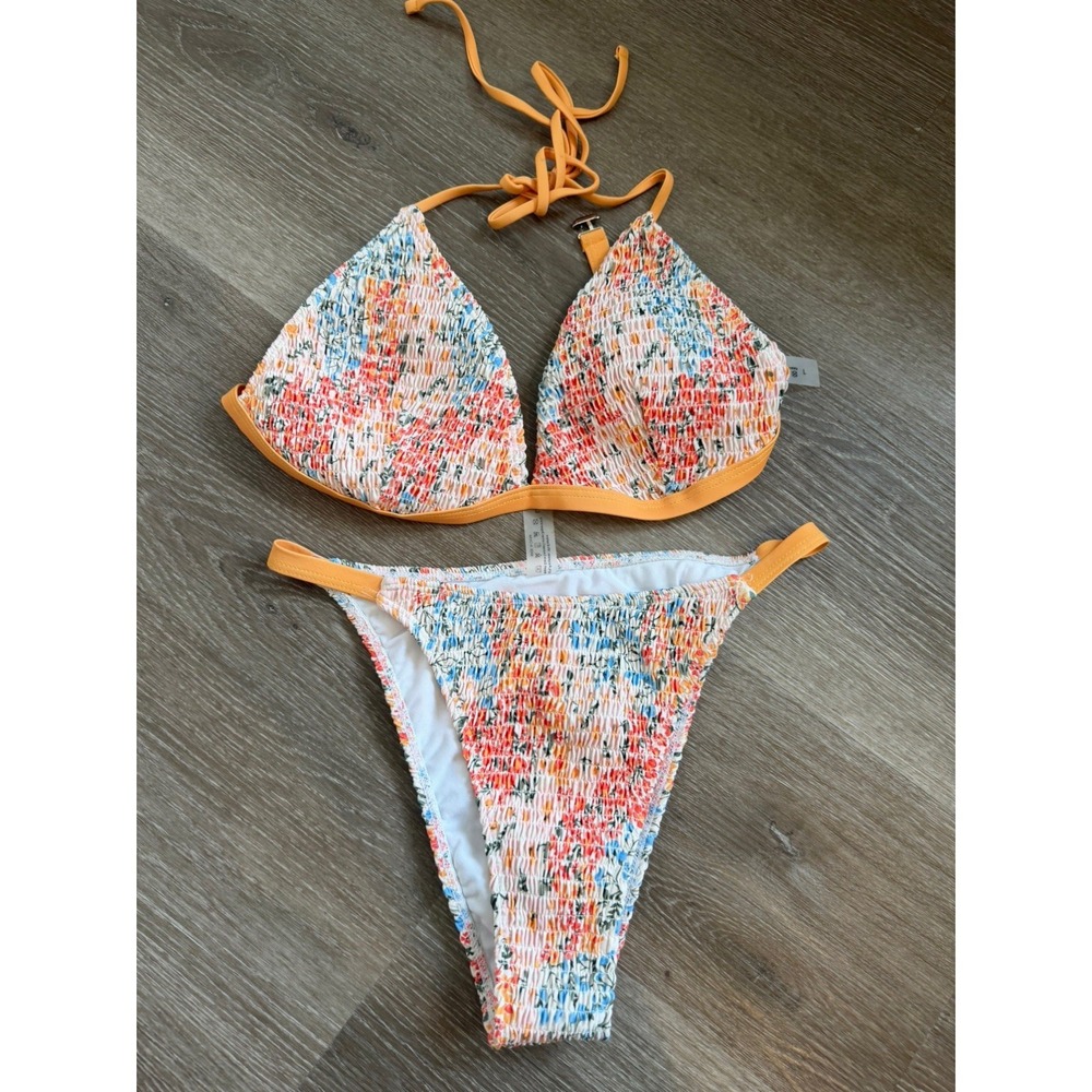 Unbranded Women Orange Floral Cheeky Bikini Set Padded Spaghetti Strap Large
